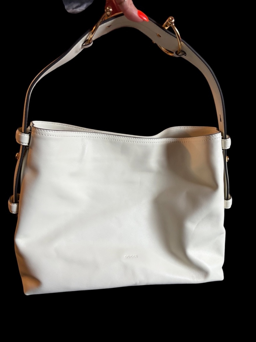Oversized White Leather Shoulder Bag with Gold Hardware
